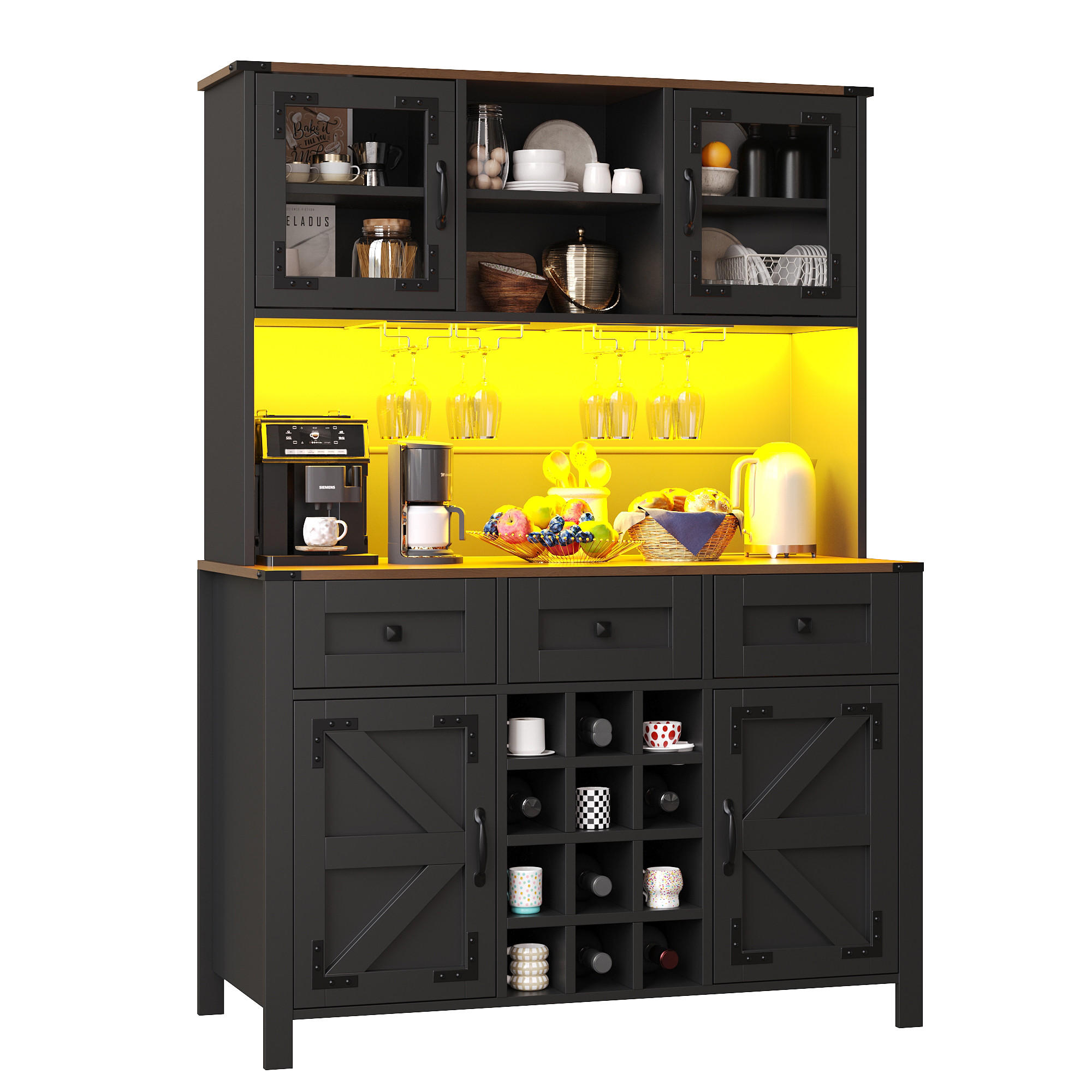 GESCHIRRSCHRANK aus MDF & Glas 120x40x170 cm in Schwarz mit LED & Steckdosenleiste - Schwarz, Holzwerkstoff (120/170/40cm) - Modfu