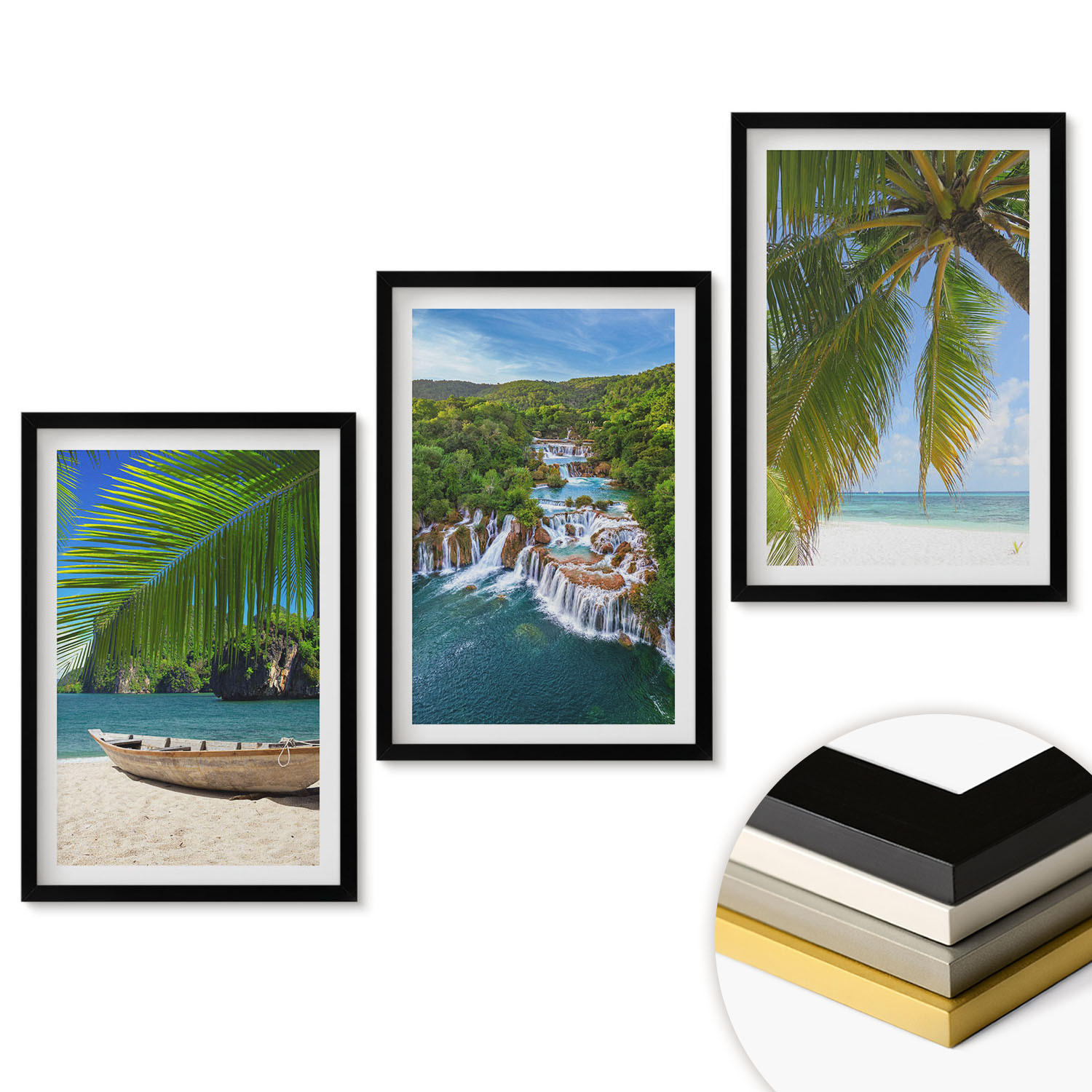 WANDBILDER 3er-Set - 40x60 cm Schwarzer Rahmen - Strand, Boot, Wasserfälle, Palmen - Schwarz, Kunststoff (40/60cm) - ArtPrintCave