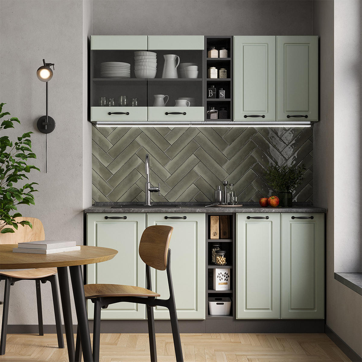 SINGLEKÜCHE R-Line, Mint Landhaus/Anthrazit, 160 cm Arbeitsplatte Anthrazit - Anthrazit/Grün, Holzwerkstoff (160/81.6/60cm) - Vicco
