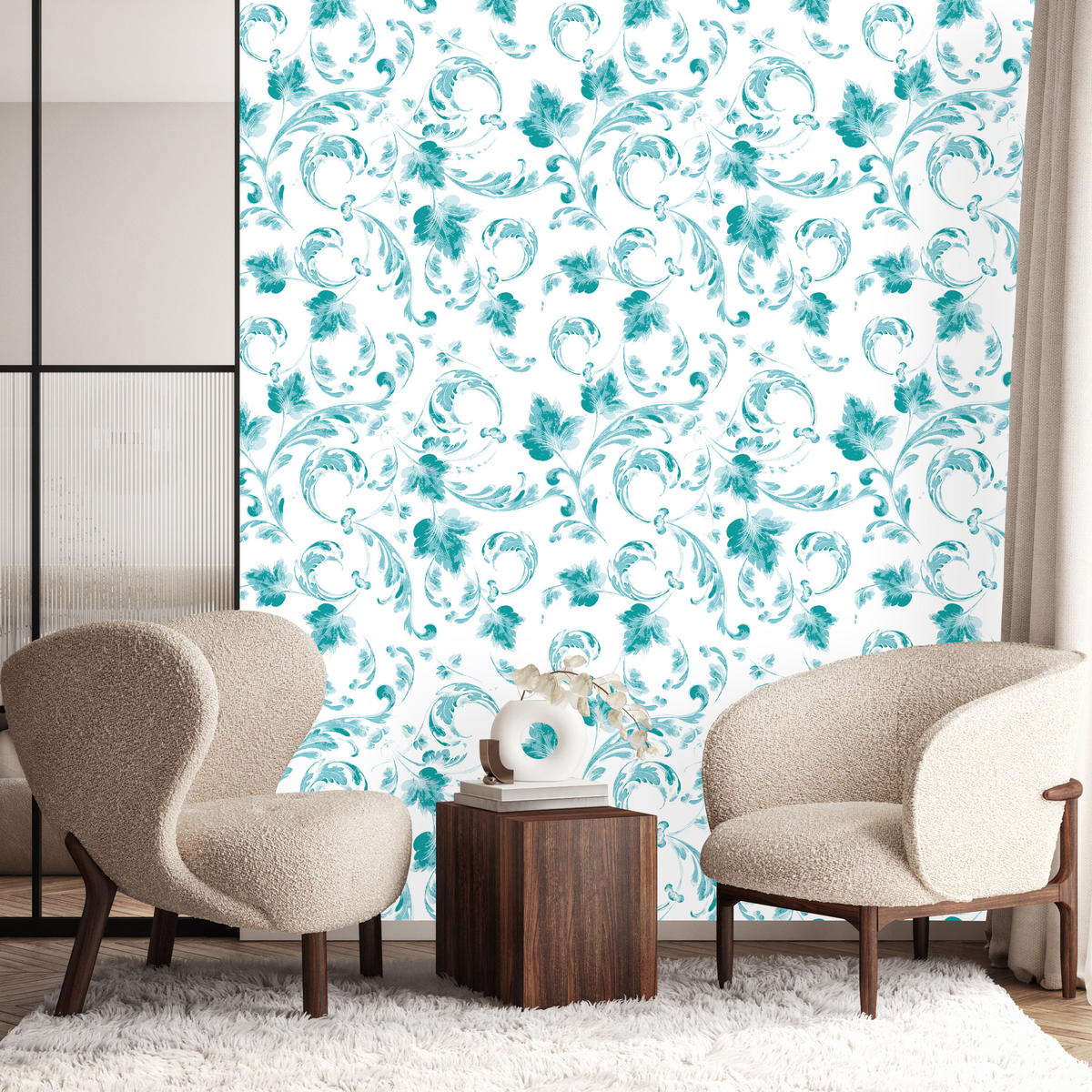 VLIESTAPETE Klassische Blätterornamente – Türkis, Weiß – 50x1000 cm - Türkis/Weiß, Papier (50/1000cm) - Muralo
