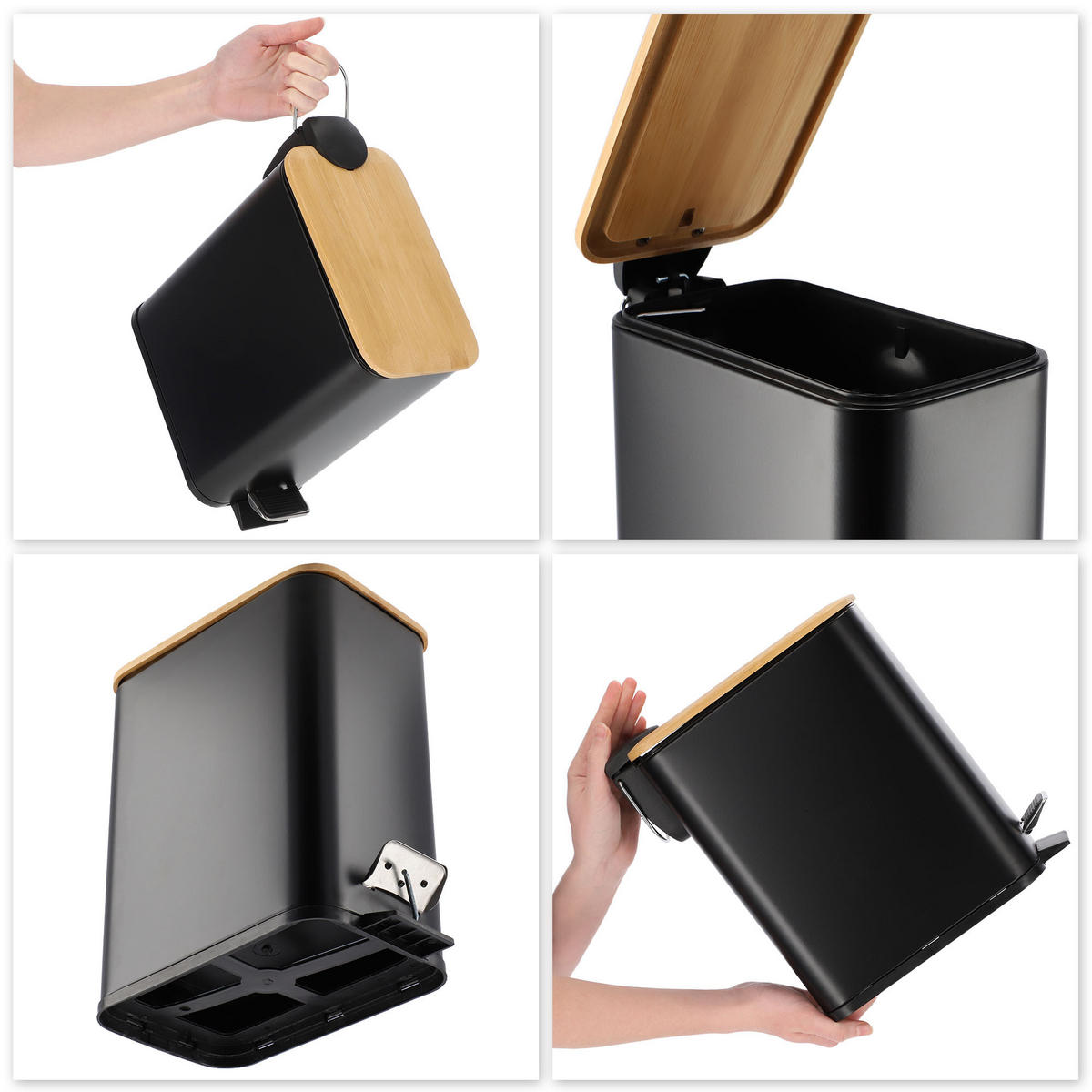 ABFALLBEHÄLTER mit Bambusabdeckung, 5L, schwarz - Schwarz, Metall (14/28cm) - KADAX