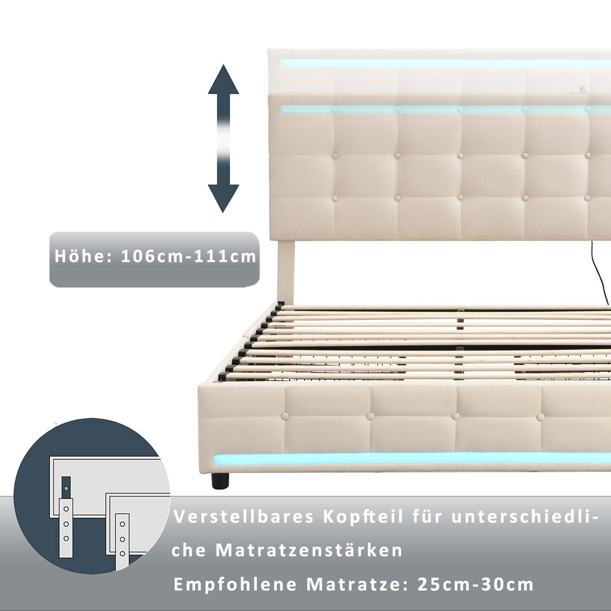 POLSTERBETT 140x200 LED 4 Schubladen 2 USB Leinen Beige - Beige, Holzwerkstoff - FLIEKS