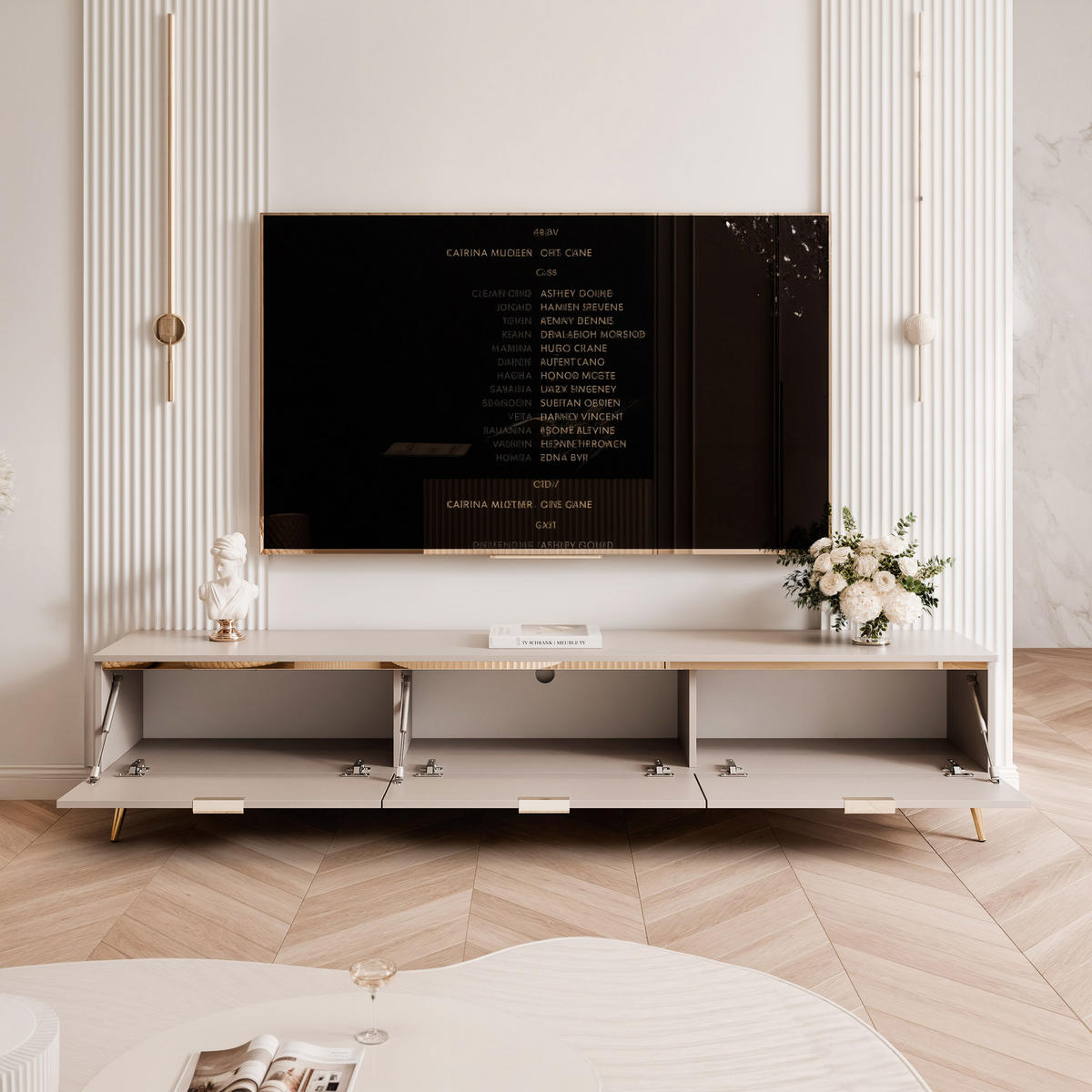 TV skrinka SELIA 200 cm kašmírová - zlatá/kašmírová, kov/kompozitné drevo (200/42/35cm) - Idohome