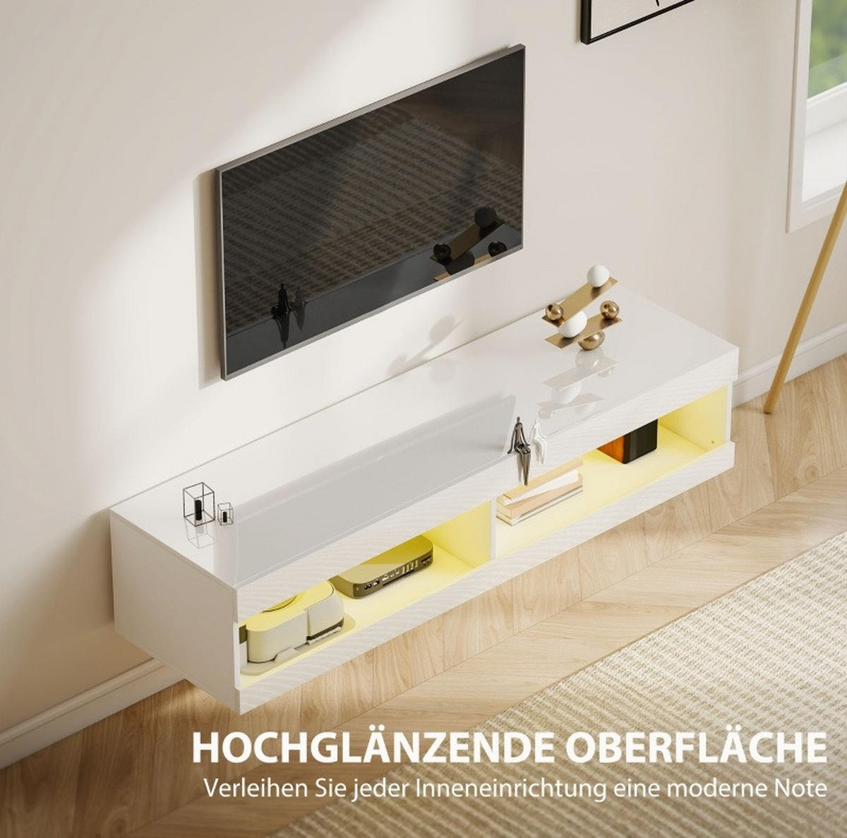 LOWBOARD 140/40/30 cm Hochglanz-Weiß aus Holz mit LED-Beleuchtung - Weiß, Holzwerkstoff (40/30/140cm) - OKMYHOME