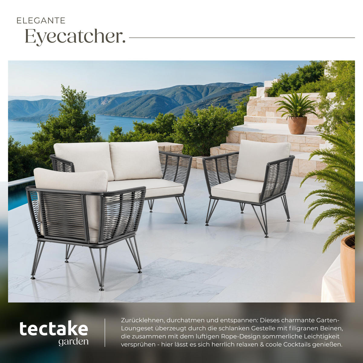 GARTEN-LOUNGESET Sundo,höhenverstellbare Füße,anthrazit - Anthrazit, Kunststoff/Textil - tectake