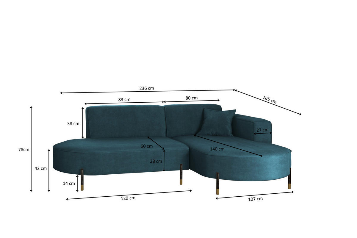 ECKSOFA L-Form Designer Modena Rein Stoff Noel Blau Rechts - Blau, Holz/Textil (236/165cm) - Kaiser Möbel