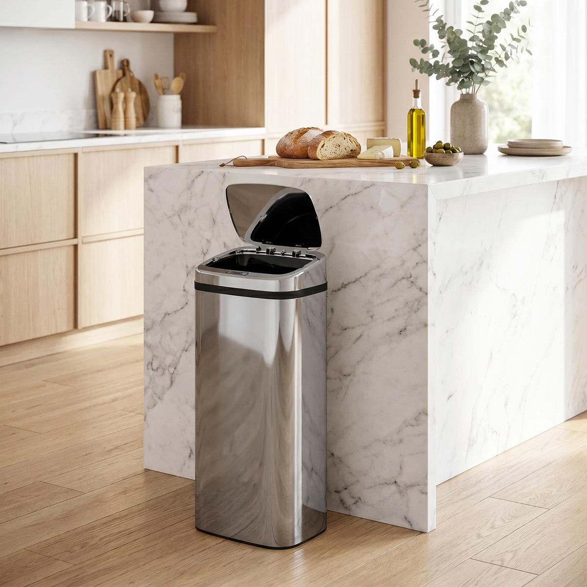 MÜLLEIMER 50L 33/25/84 cm Edelstahl Silber Automatik Küche - Silberfarben, Metall (25/84/33cm) - Rolipo