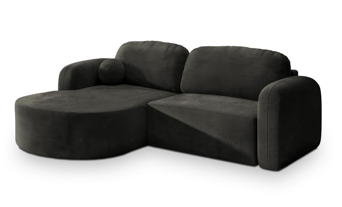 ECKSOFA AMILIA M L-S Schwarz Velours-Stoff mit Schlaffunktion - Schwarz, Holz (263/174cm) - MASSENO