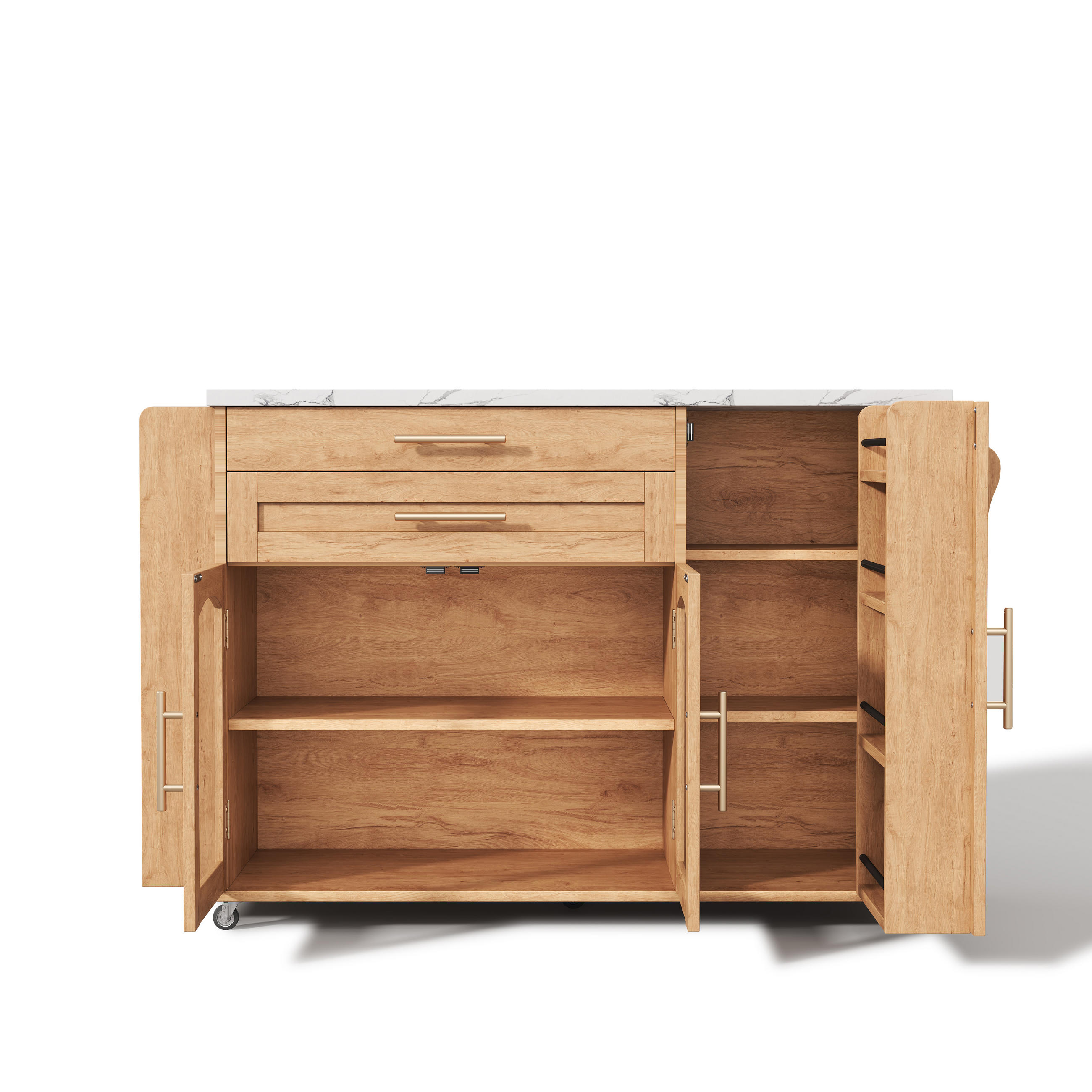 KÜCHENINSEL 120/70/90 cm Natürlich mit 2 Schubladen, Glastüren, Gewürzregal, 5 Rädern und klappbarer Arbeitsplatte - Naturfarben, Holz/Holzwerkstoff (138/90/70cm) - Oxeza