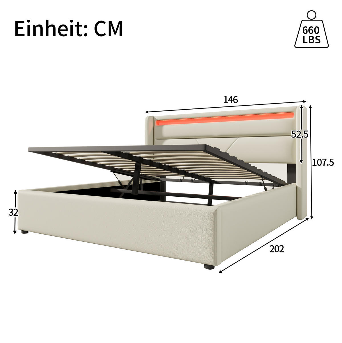 POLSTERBETT mit LED und Bettkasten 140x200 cm PU Weiß inklusive Matratze - Weiß, Metall (140/200cm) - Meubliv