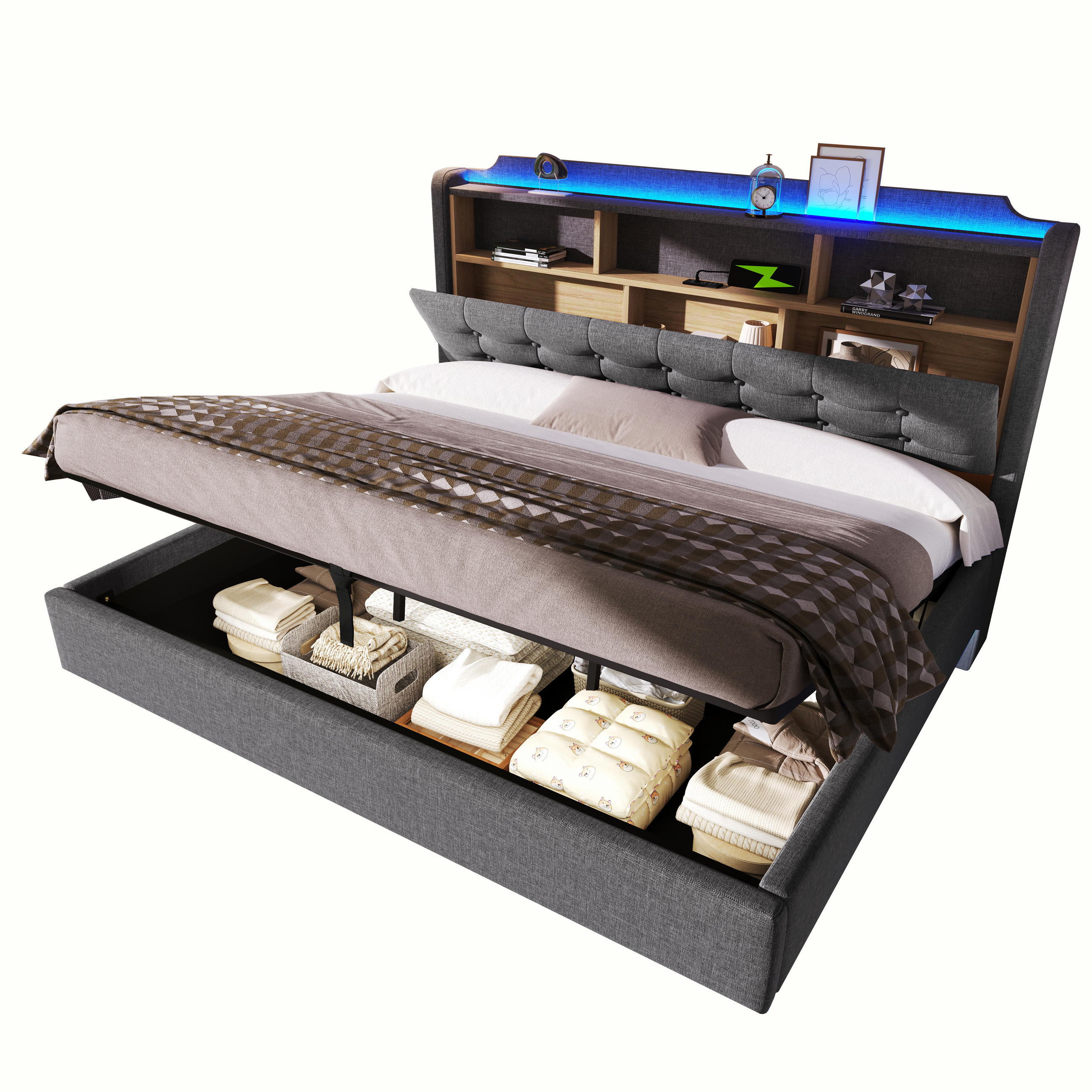 ČALOUNĚNÁ POSTEL 180 × 200 cm, šedá, lněná, úložný prostor, LED, USB, Type-C, plovoucí design - šedá, kov/kompozitní dřevo (180/200cm) - STILVORA