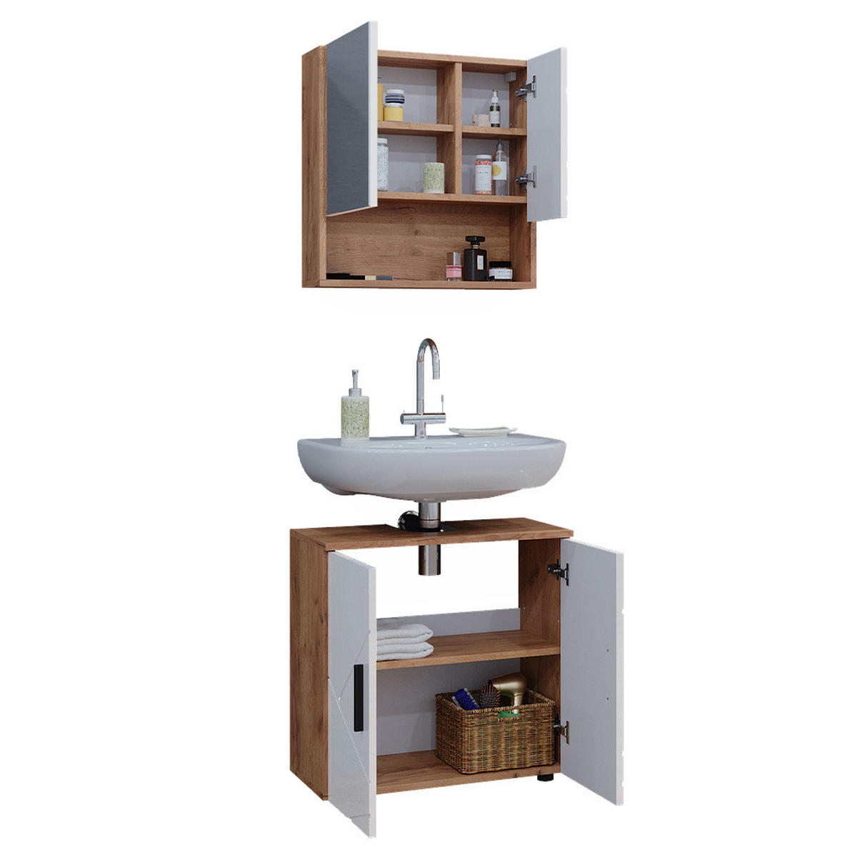 BADMÖBEL-SET Irma Weiß Hochglanz/Goldkraft Eiche 2 Teile Unterschrank 60 cm - Weiß Hochglanz/Eiche Wotan, Holzwerkstoff (80/58.6/41cm) - Vicco