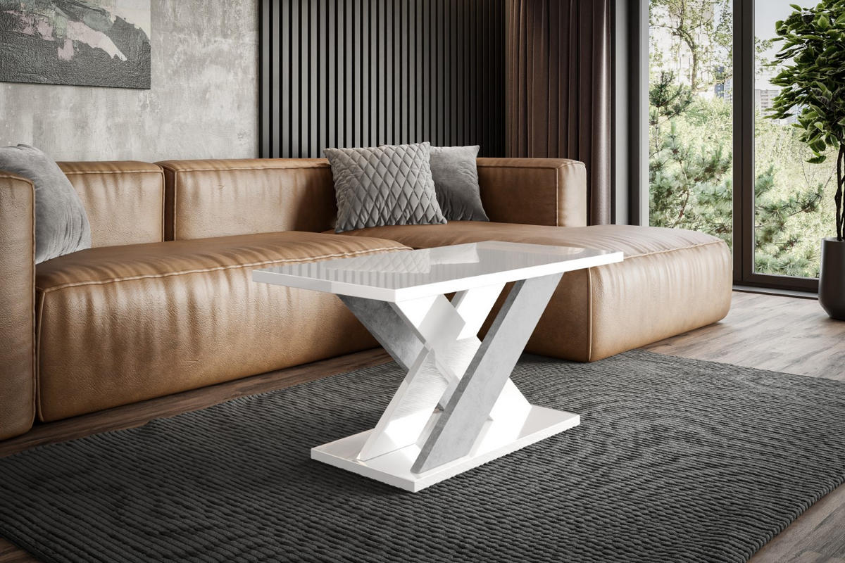 KAFFEETISCH 110x70x60 cm - Hochglanz Weiß / Betonoptik - AOX - Weiß Hochglanz, Holzwerkstoff (110/70/60cm) - ALTDECOR