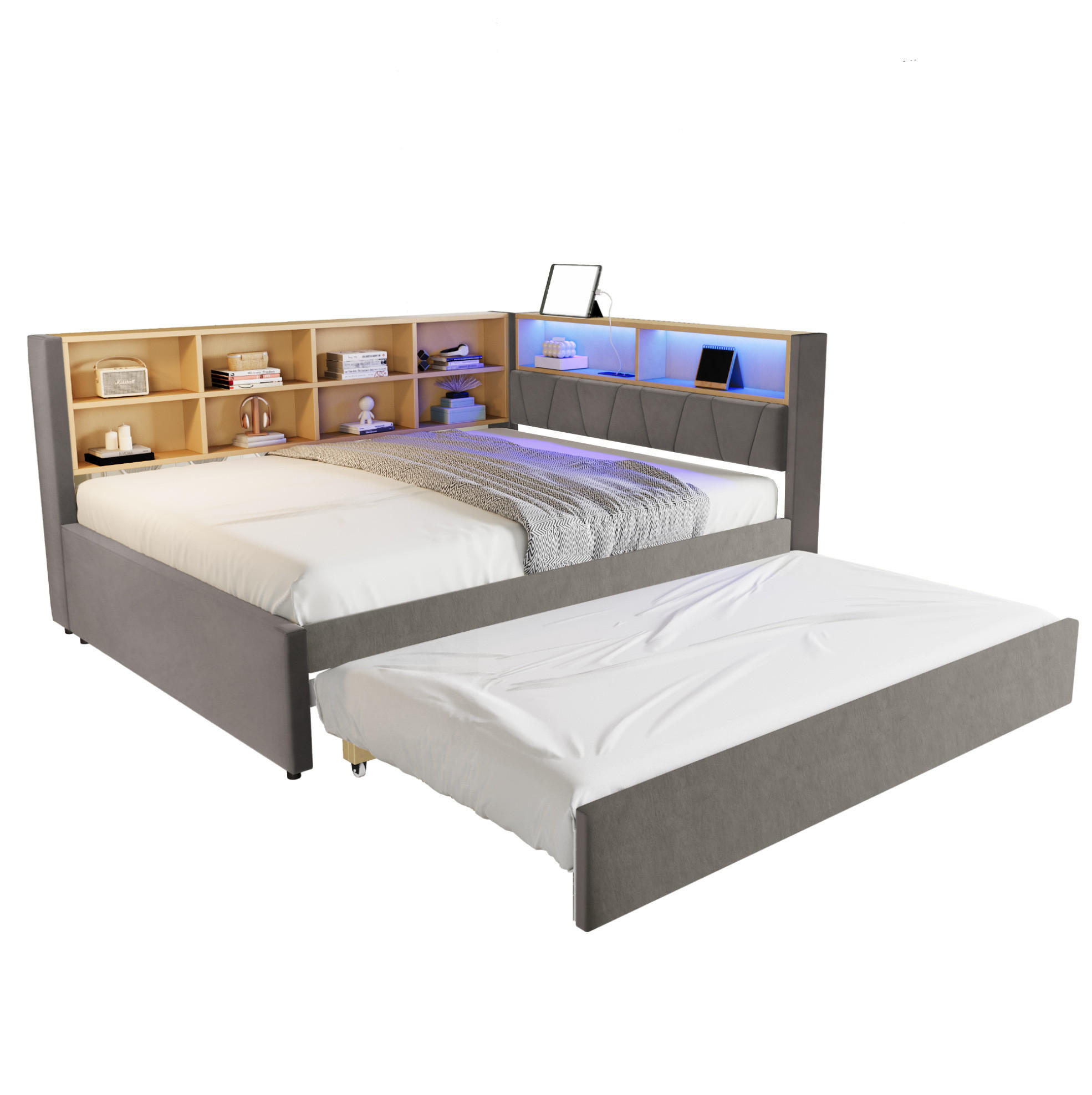 BETT aus Flanell 140x200 cm Dunkelgrau mit 90x190 cm Ausziehbett, LED-Beleuchtung und Ladeanschlüssen - Dunkelgrau, Textil (90/200cm) - Modfu