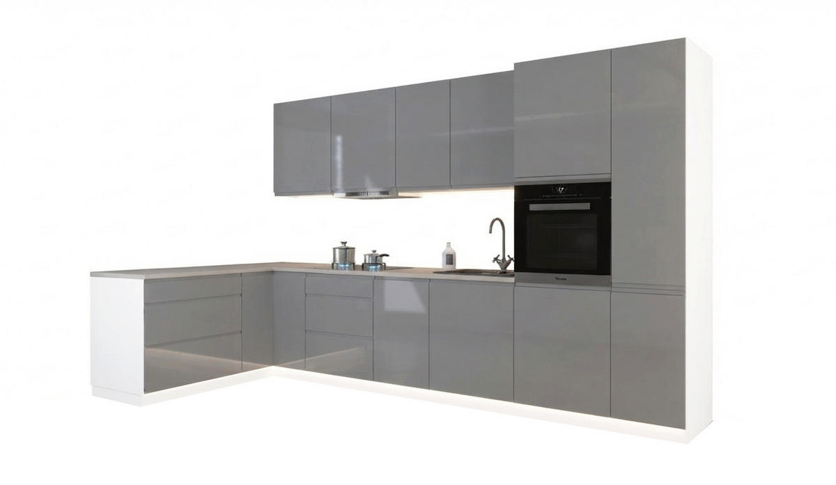 L-KÜCHE Velmora Grau Hochglanz – 355 × 170 cm – KÜ-AS-017 – Grau - Grau, Holzwerkstoff (355/212/58cm) - ROYAL24_MARKT