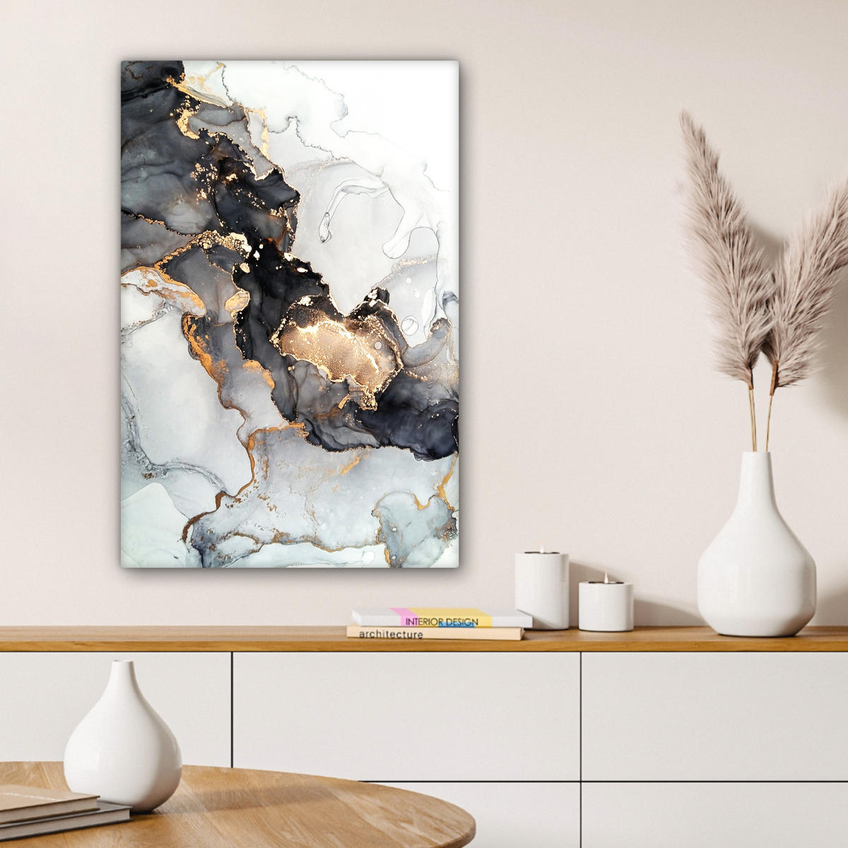 LEINWANDBILD Marmor - Schwarz - Weiß - Gold - Luxus - Abstrakt 60x90 cm - Goldfarben, Textil (60/90cm) - MuchoWow