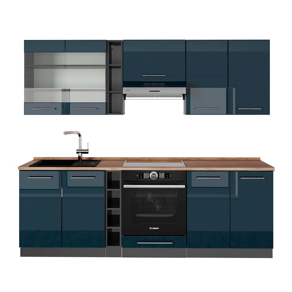 KÜCHENZEILE Fame-Line Dunkelblau Hochglanz/Anthrazit 235 cm AP Eiche - Anthrazit/Dunkelblau, Holzwerkstoff (235/81.6/60cm) - Vicco