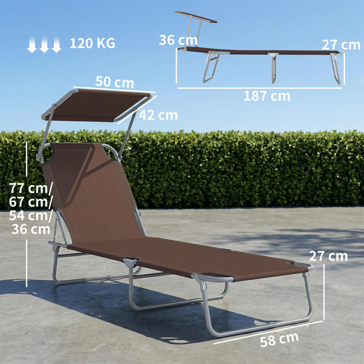 SONNENLIEGE Faltbare und verstellbare mit braunem Stoffdach 187 x 58 x 50 cm - Braun, Metall (58/36/187cm) - Vallsero