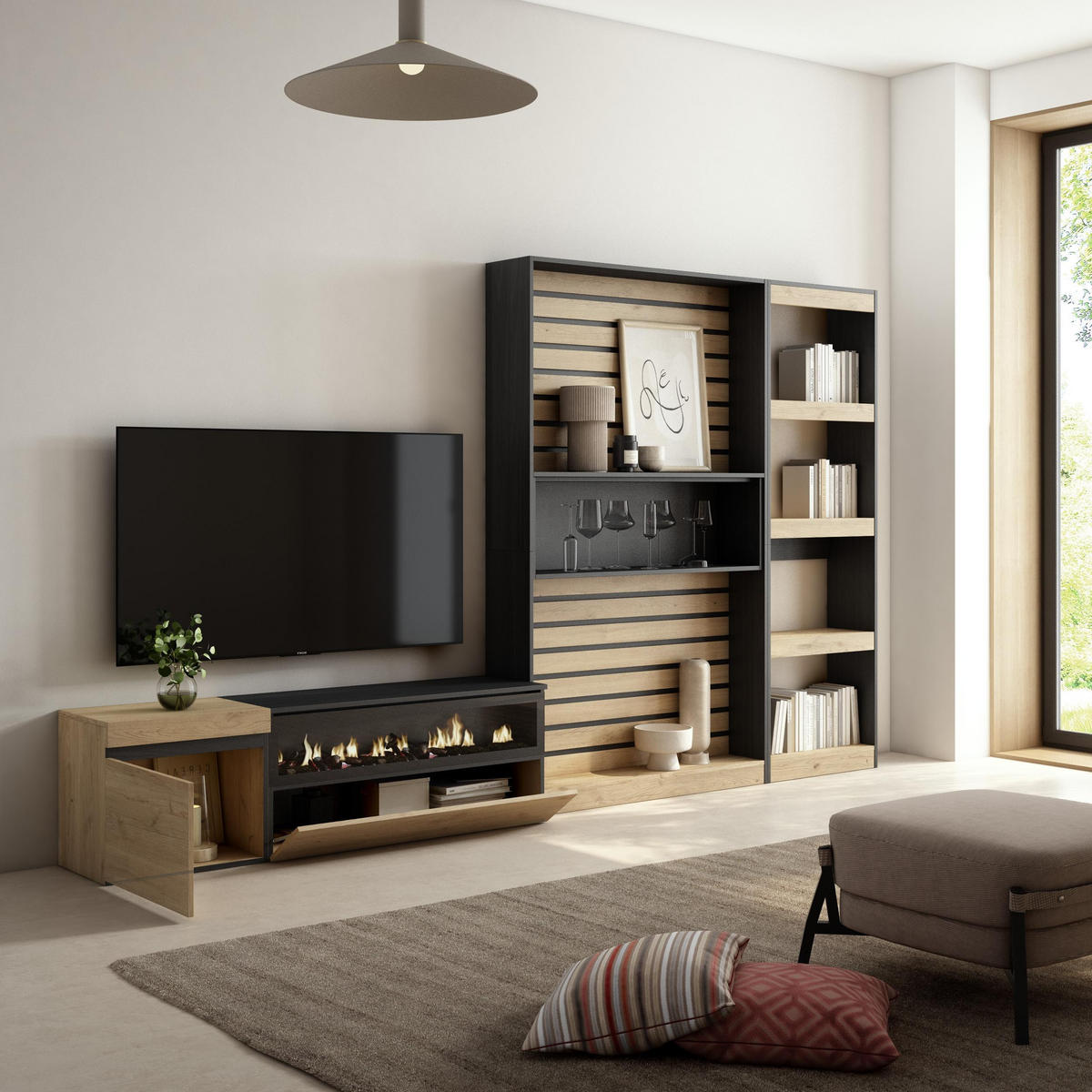 WOHNWAND Elektrokamin, eiche, schwarz, 320/35/186cm - Naturfarben, Holzwerkstoff (320/186/35cm) - Skraut Home