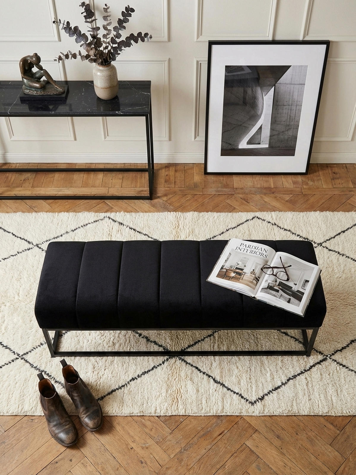 SITZBANK Samt Metallgestell gepolstert, Schwarz 108x40x40 cm - Schwarz, Textil/Metall (108/40/40cm) - KADIMA DESIGN