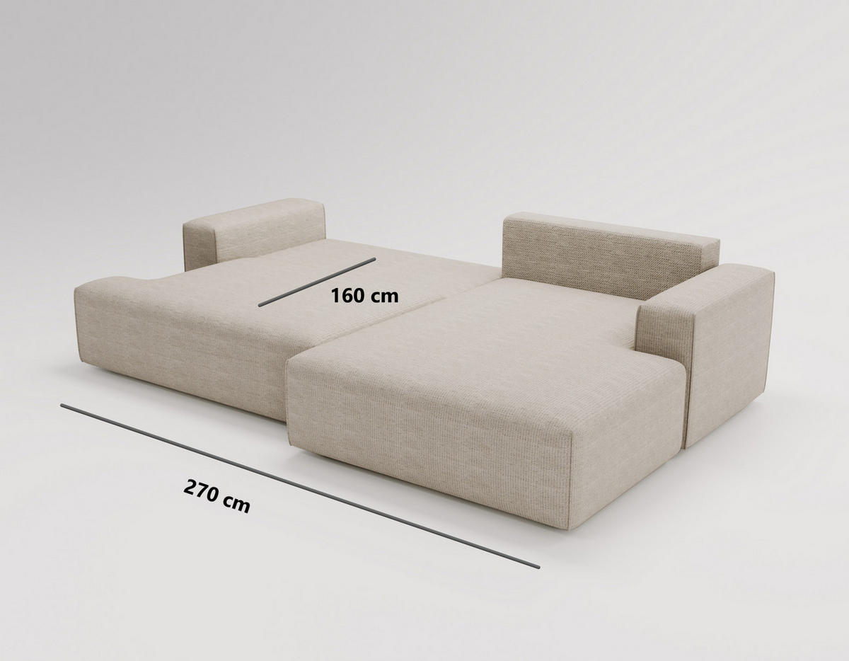 ECKSOFA L-Form 270 cm Boston mit Bettkasten, Schlaffunktion, Rechts, Grau - Grau, Holz (270/165cm) - Emporius
