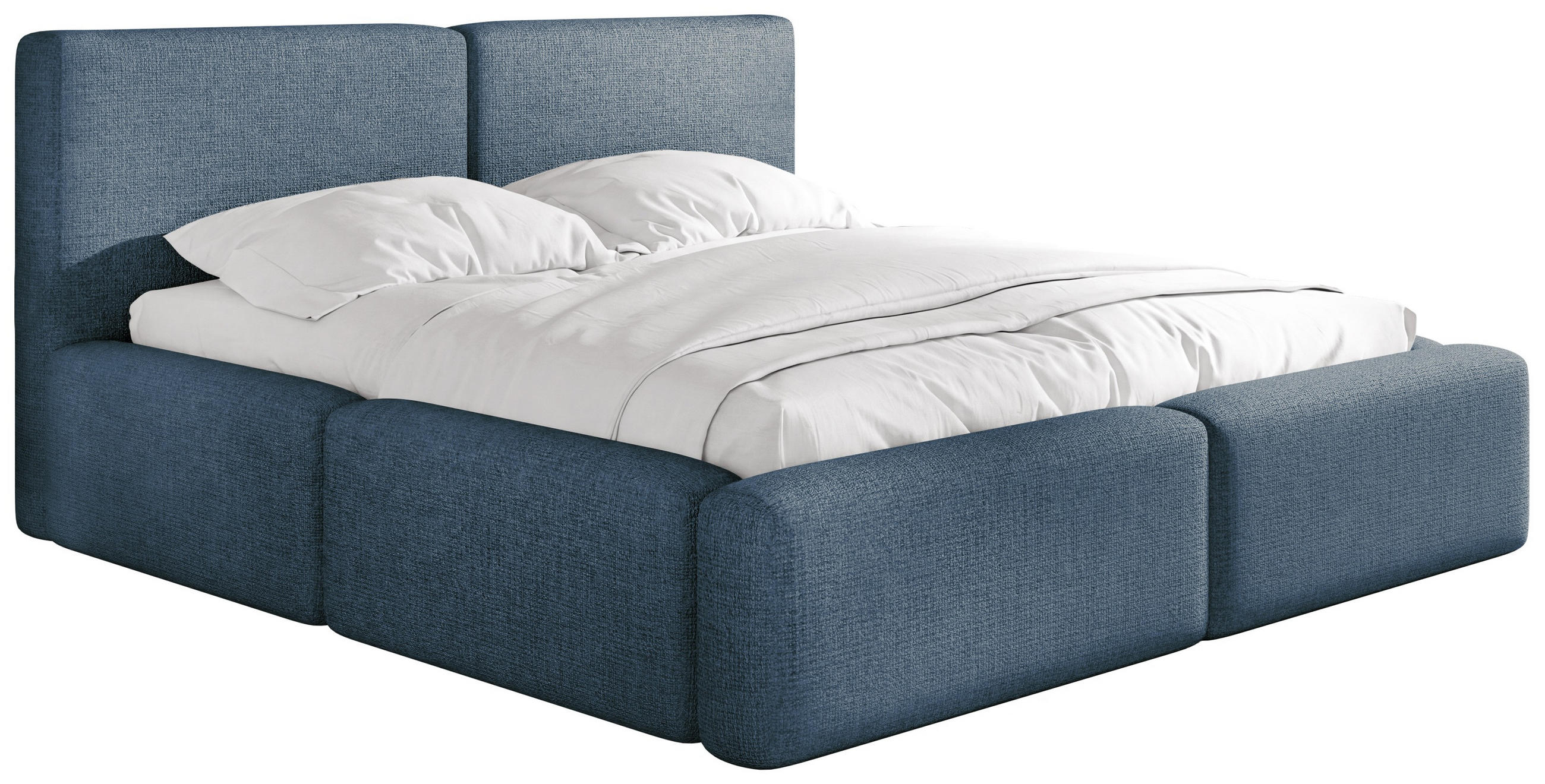 POLSTERBETT Duo mit Bettkasten, Metall-Lattenrost & hohem Kopfteil in Dunkelblau Chenille 200x200 cm - Blau/Birkefarben, Kunststoff/Textil (200/200cm) - WFL GROUP