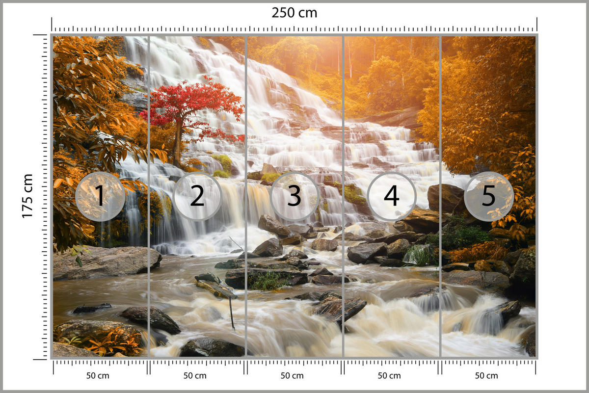 FOTOTAPETE für Küche Herbstlicher Wasserfall Bäume Blätter Felsen 250x175 - Beige/Orange, Papier (250/175cm) - Muralo
