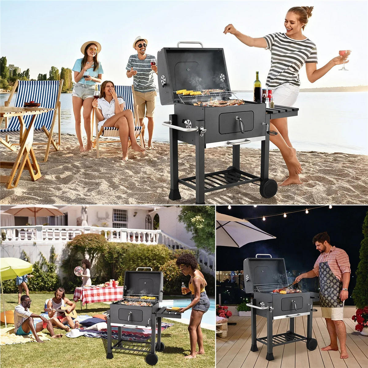 HOLZKOHLEGRILL BBQ für 5–10 Personen mit 2 Rädern - Schwarz, Metall (116/82.6/55.7cm) - Kaket