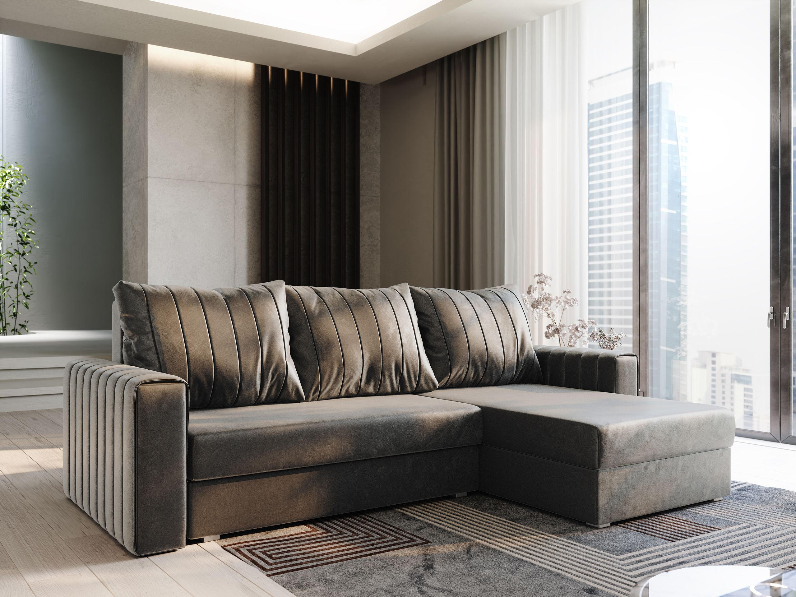 ECKSOFA CARL Grau Plüsch-Stoff mit Schlaffunktion - Grau, Holz (236/150cm) - MASSENO