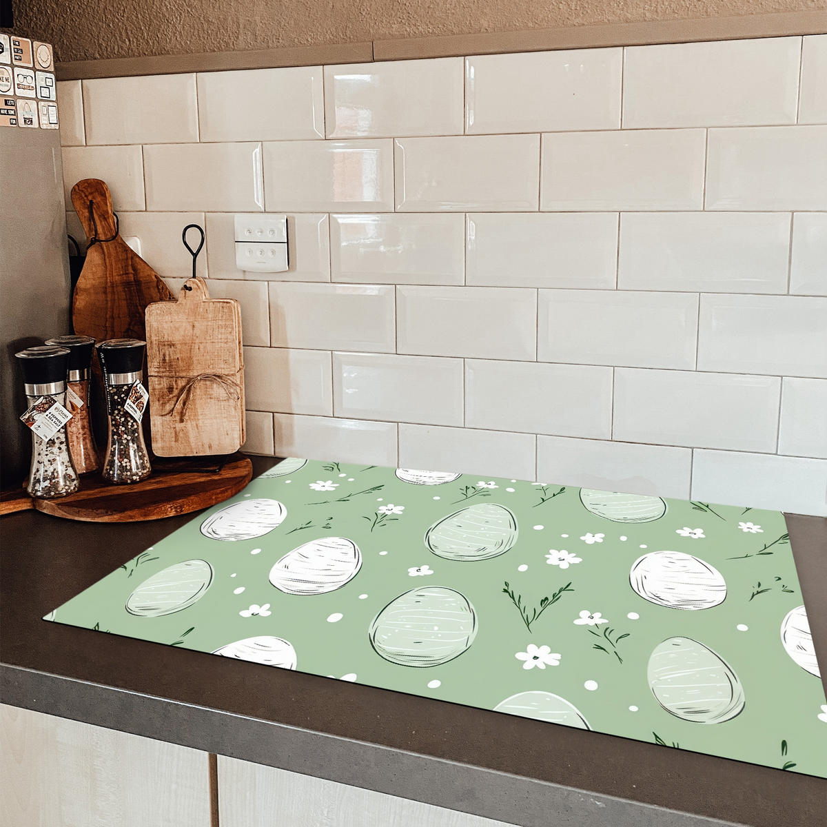 HERDABDECKPLATTE Grün - Eier - Muster Ceranfeldabdeckung 76x51.5 cm - Waldgrün, Kunststoff (76/51.5/0.2cm) - MuchoWow