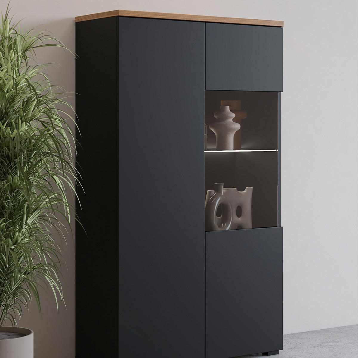 VITRÍNA Liko Černá a dřevěná - černá, kompozitní dřevo (80/140/34.5cm) - Petits-meubles