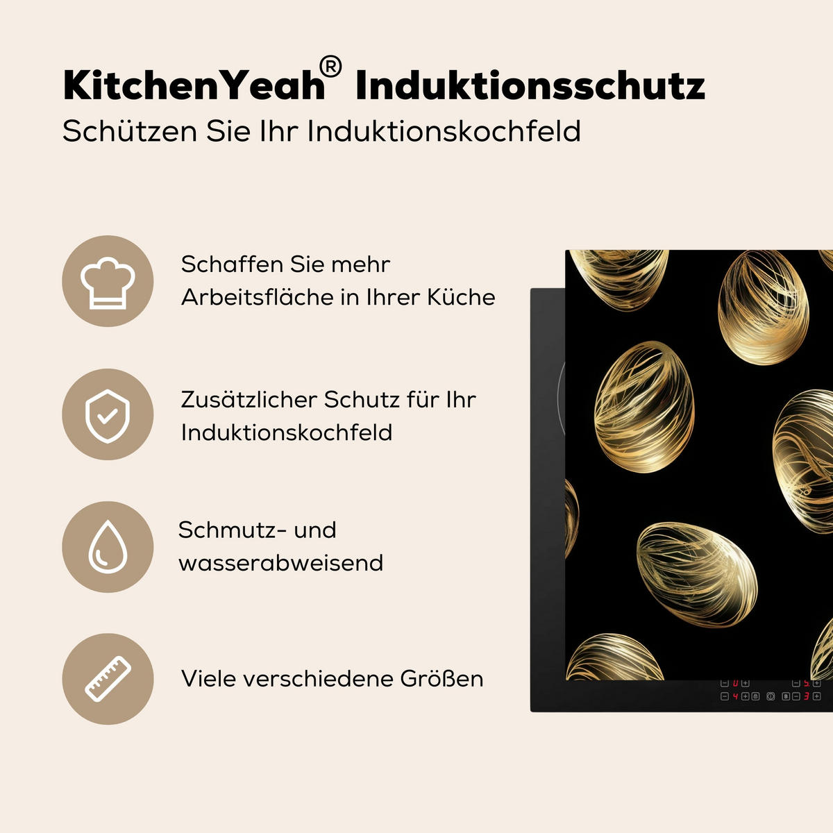 HERDABDECKPLATTE Eier - Gold - Muster Herdabdeckung Induktionsfeld 65x52 cm - Schwarz, Kunststoff (65/52/0.2cm) - MuchoWow