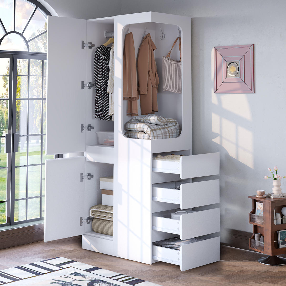 KLEIDERSCHRANK in Weiß mit Schubladen und Staufächern für Schlafzimmer und Wohnzimmer, B70/T40/H170 cm - Weiß, Holzwerkstoff (70/170/40cm) - STILVORA
