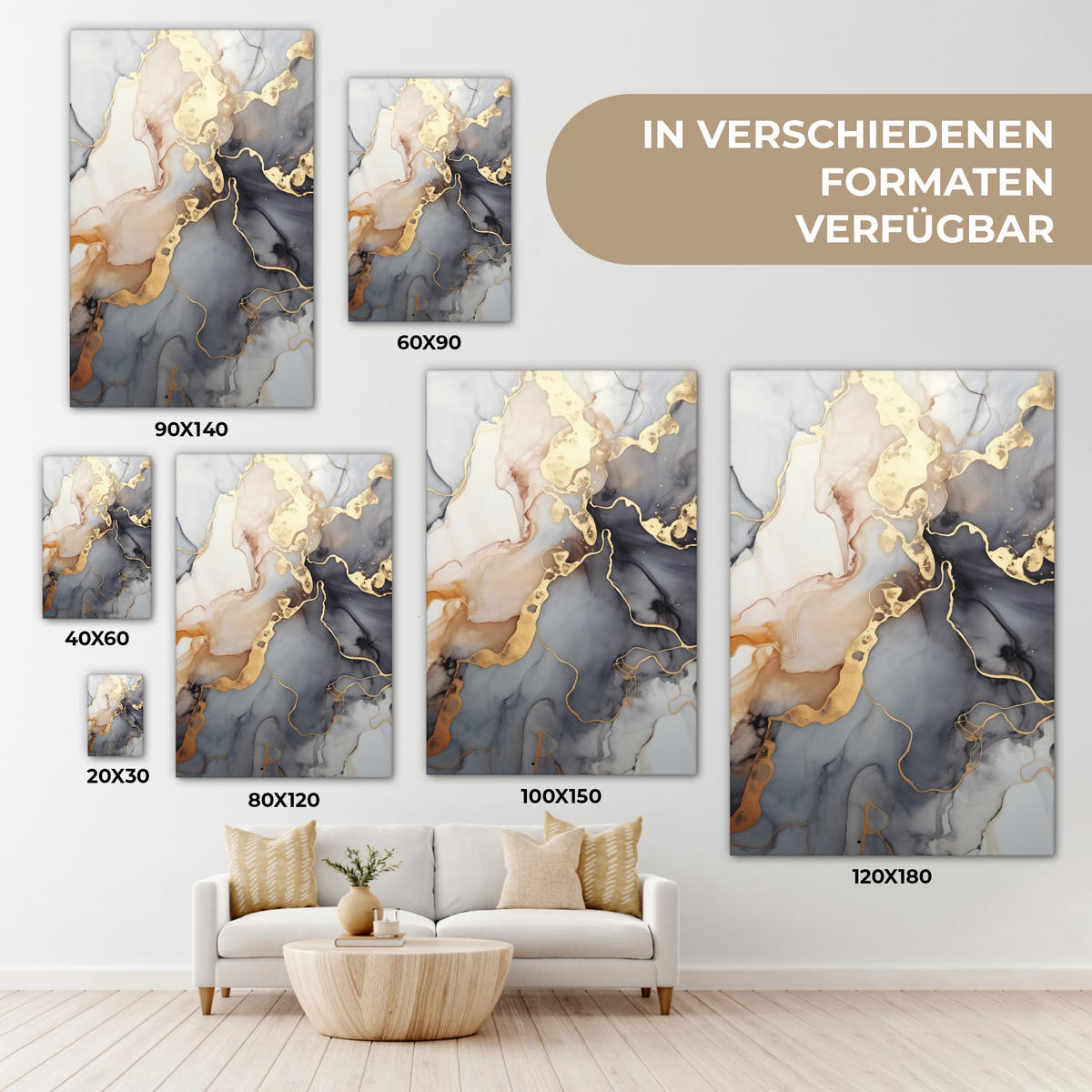 LEINWANDBILD Marmor - Schwarz - Gold - Weiß 40x60 cm - Dunkelgrau, Textil (40/60cm) - MuchoWow