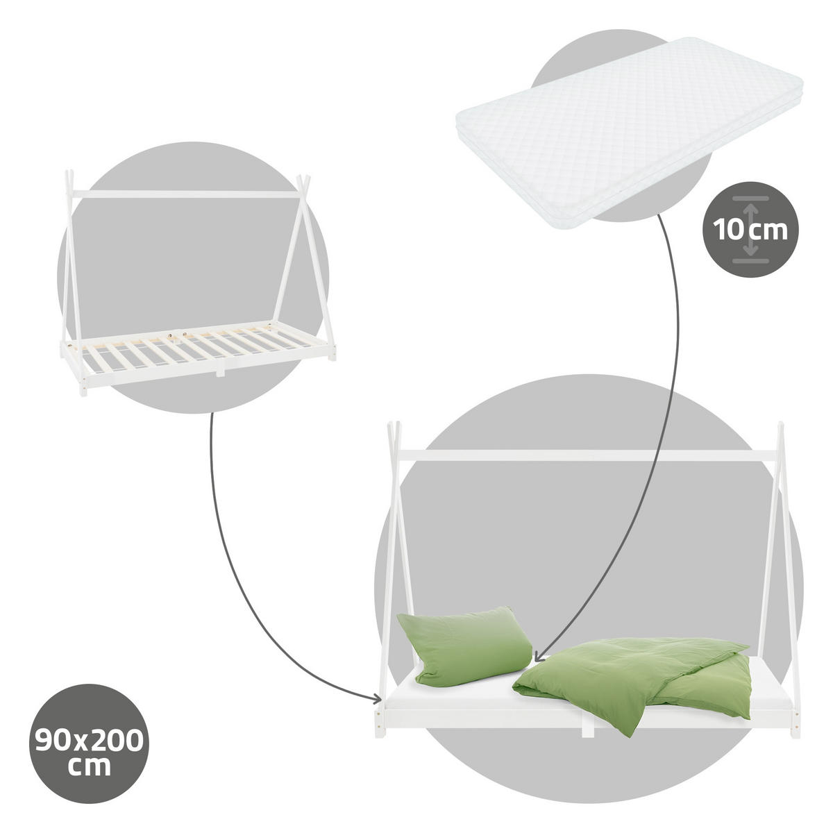 KINDERBETT Tipi mit Matratze 90x200 cm Weiß - Weiß, Holz (90/200cm) - ML-DESIGN