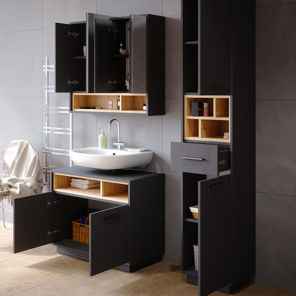 BADMÖBEL-SET Beatrice Anthrazit 3 Teile, mit Hochschrank - Anthrazit/Sonoma Eiche, Holzwerkstoff (80/64/40cm) - Vicco