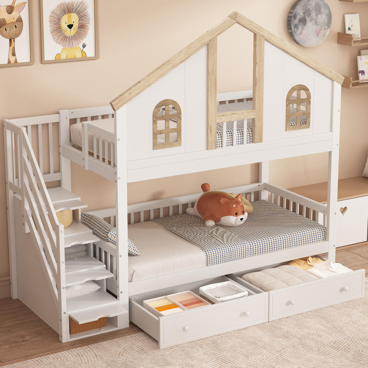 HAUSBETT 90/200 cm Weiß/Natur mit Stauraumtreppe und 2 Schubladen - Weiß, Holzwerkstoff (90/200cm) - Flora Grace