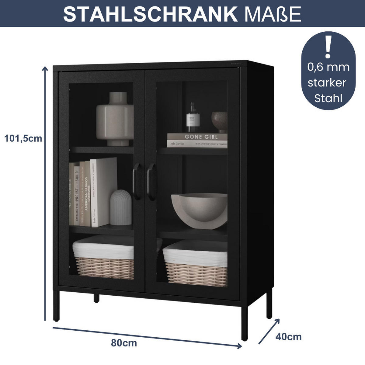 VITRINENSCHRANK klein GINA Bücherschrank Glasfenster Schwarz - Schwarz, Metall (80/101.5/40cm) - Jan Nowak