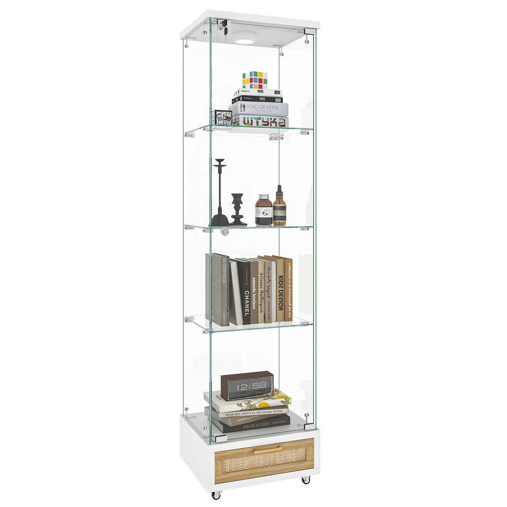 OKWISH VITRÍNA 36,5/42,5/167 cm bílá z MDF a skla s LED osvětlením, zásuvkami a kolečky