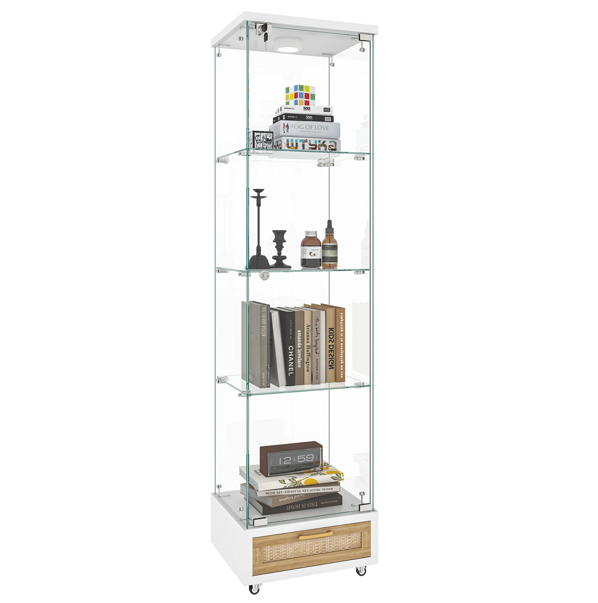 VITRINA 36,5/42,5/167 cm bijela od MDF-a i kaljenog stakla s LED rasvjetom i ladicama - bijela, drvni materijal (42.5/167/36.5cm) - OKWISH