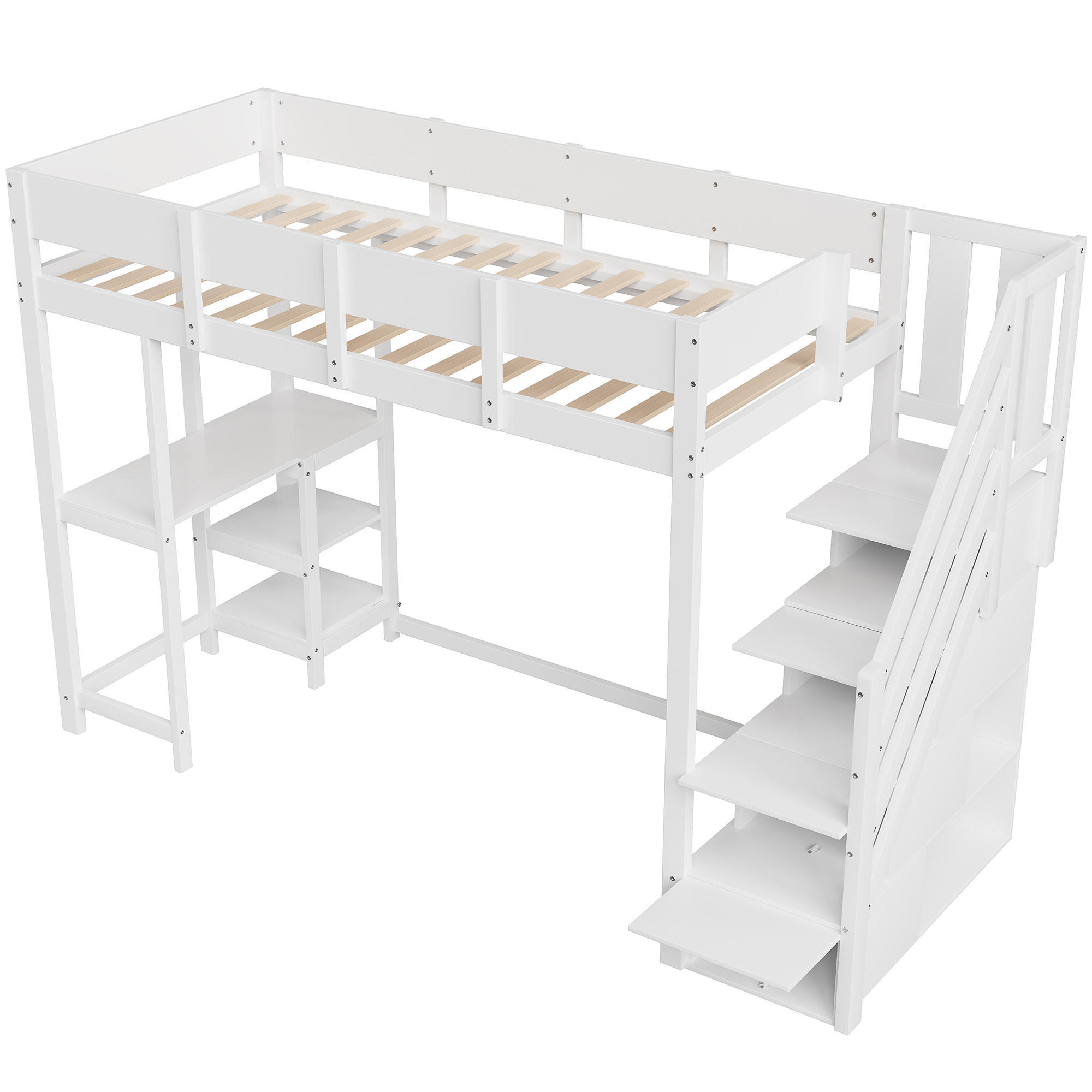 HOCHBETT 90/200 cm DE-01427, in Weiß, mit Stauraumtreppe und Ablage - Weiß, Holz (90/200cm) - ComfortXL