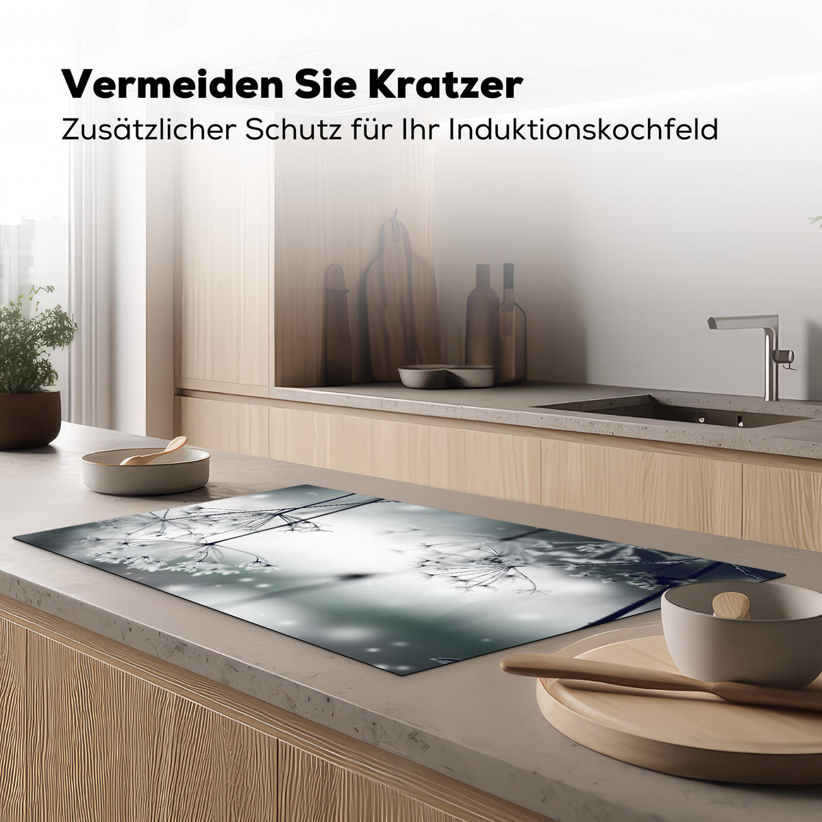 HERDABDECKPLATTE Blumen - Winter - Schnee - Natur Induktionsschutz 91.2x52 cm - Grau, Kunststoff (91.2/52/0.2cm) - MuchoWow