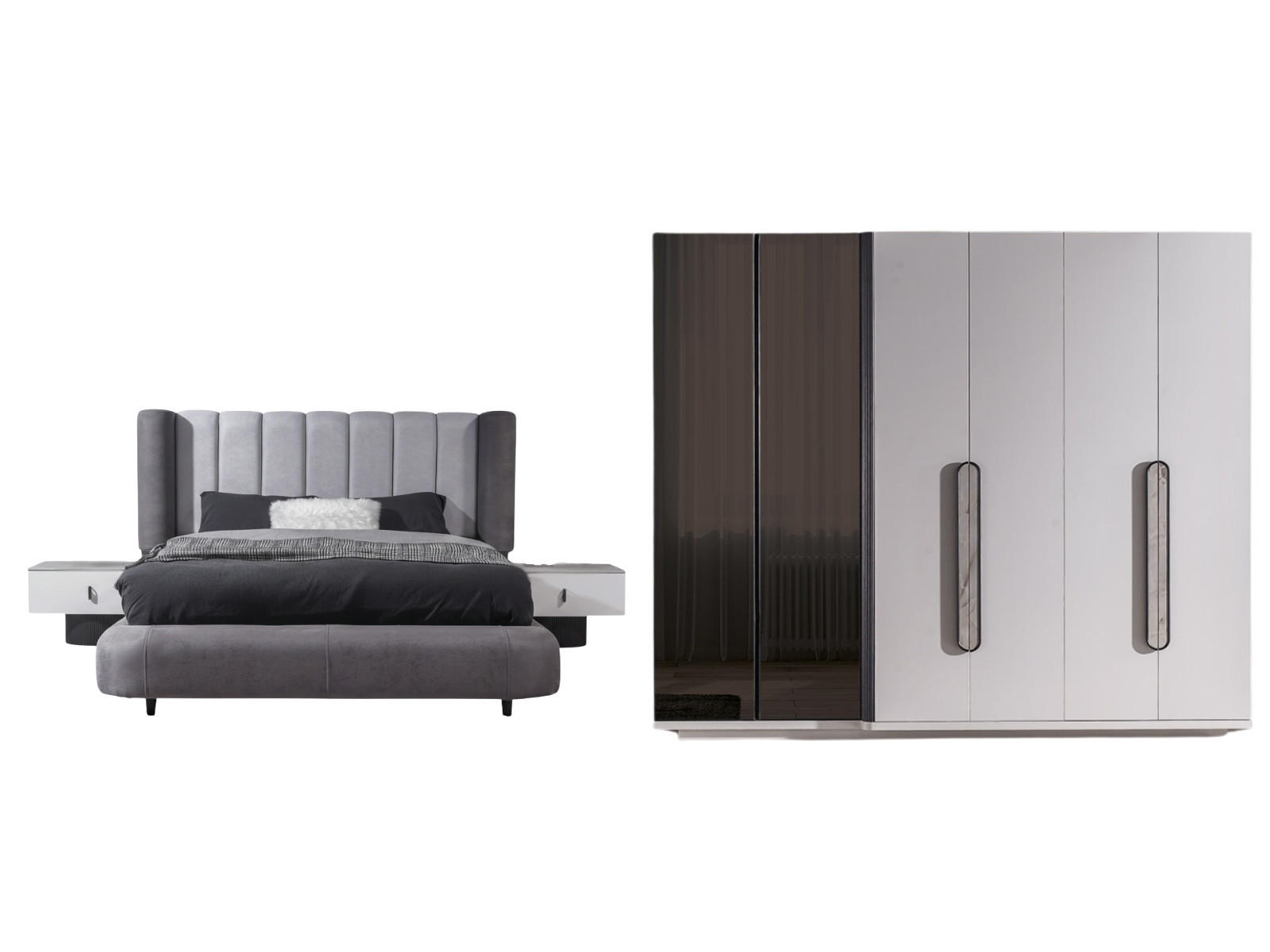 BETTANLAGE BARCELONA Schlafzimmer-Set, 4-teilig, Anthrazit, Bett mit Kopfteil, 2 Nachttische und Kleiderschrank - Anthrazit, Leder/Holzwerkstoff (160/200cm) - Villa Möbel