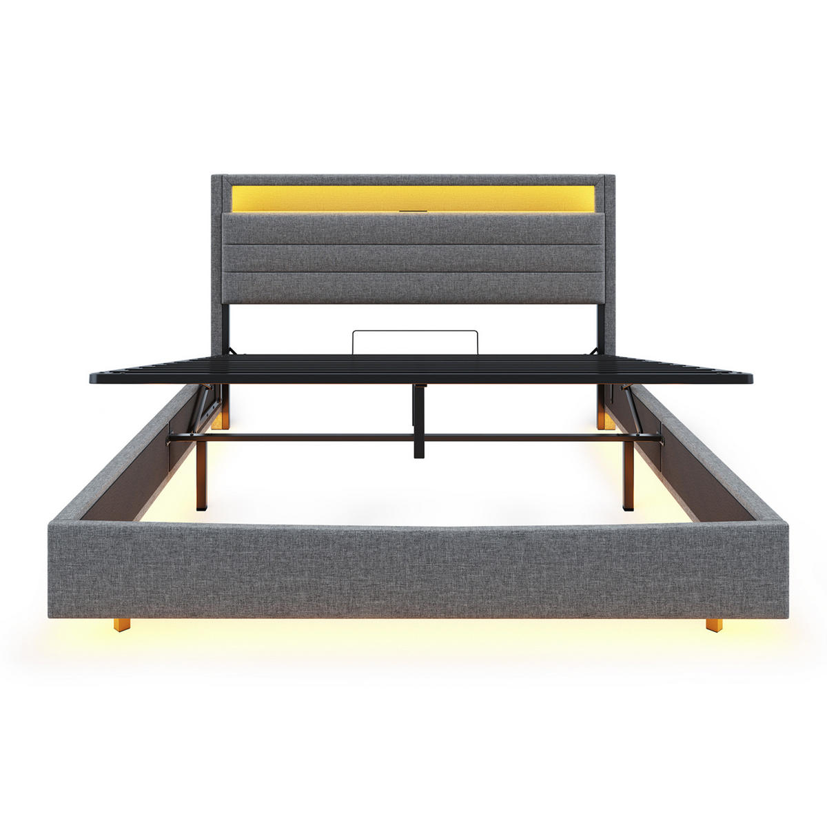 ČALÚNENÁ posteľ z látky 160x200 cm sivá s USB, LED osvetlením, hydraulickým úložným priestorom a otočným čelom - sivá, textil (160/200cm) - Modfu