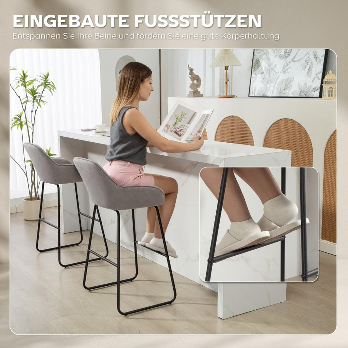 BARHOCKER DE-36038 2er Set mit Stoffbezug Grau - Grau, Metall (50.5/96/53cm) - ComfortXL