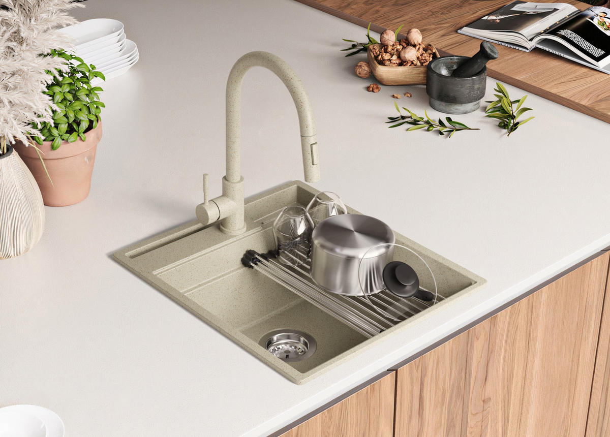 GRANITSPÜLE Oslo Pocket, 2-er set Beige 48/53 cm 1 Becken + Küchenarmatur 40/20 cm + Ablauf-Set + Küchenzubehörset ab 50er Unterschrank - Chromfarben/Beige, Kunststoff (48/20/53cm) - Primagran