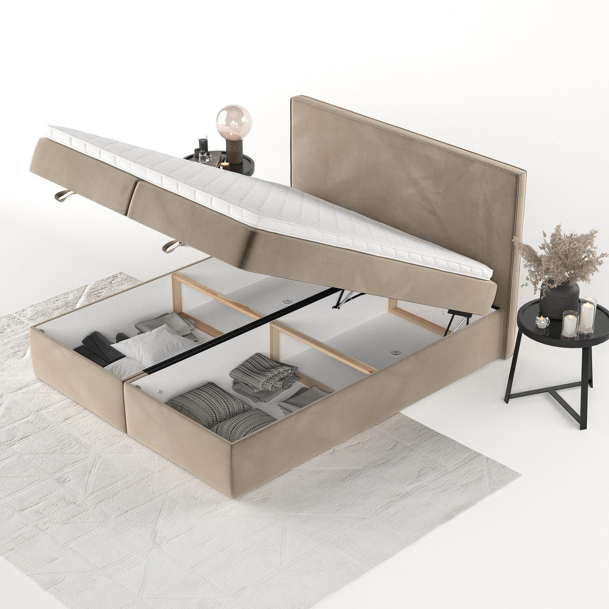 BOXBETT Velma 200/200 cm Taupe im Paros Stoff - Taupe/Schwarz, Holz/Holzwerkstoff (200/200cm) - AltaBeds