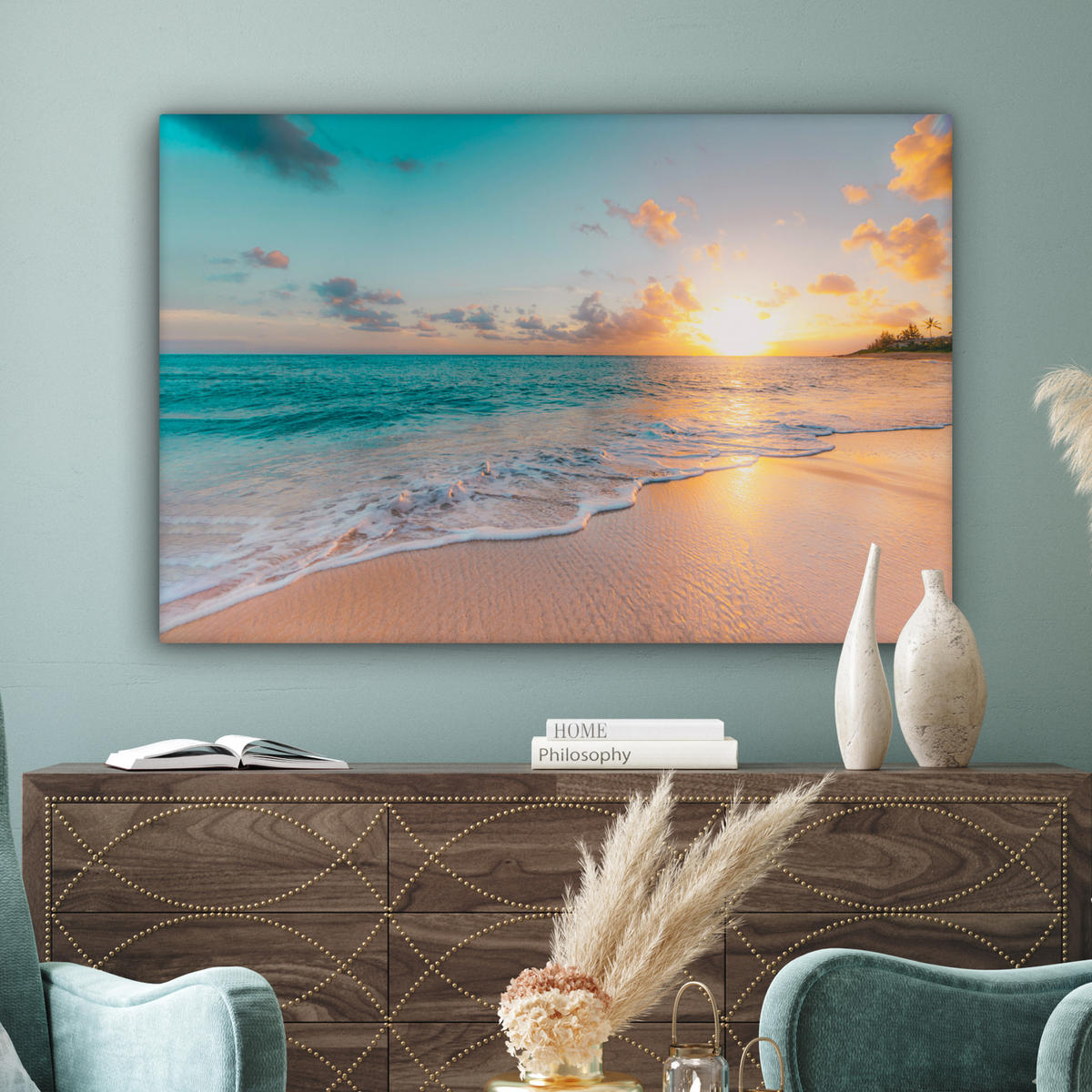 OBRAZ NA PLÁTNE Západ slnka - Pláž - More - Leto - Modrá 120x80 cm - viacfarebná, textil (120/80cm) - MuchoWow