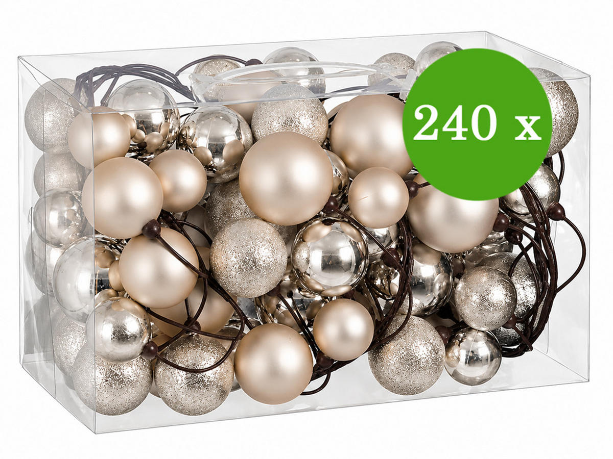 WEIHNACHTSBAUM künstlicher 210 cm – KÖNIGSCHAMPAGNE, geschmückt mit 240-teiligem Weihnachtsbaumschmuck, inkl. Ständer - Champagner/Silberfarben, Kunststoff/Metall (127/210cm) - LAALU