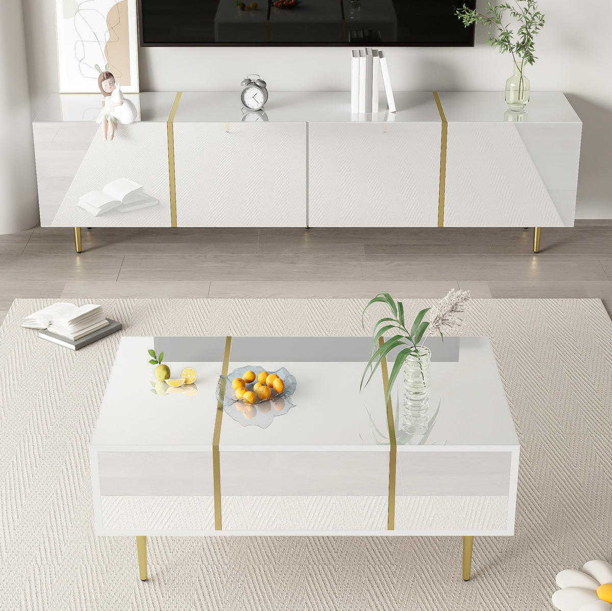 WOHNZIMMER-SET TV-Schrank und Couchtisch Hochglanz Weiß 2-tlg. - Weiß, Holzwerkstoff (60/41.5/100cm) - Beauniv